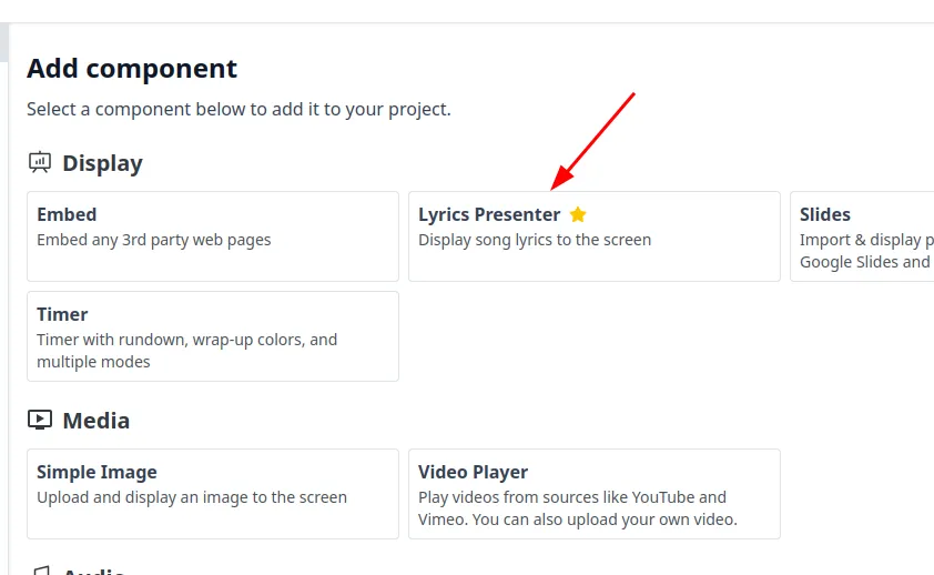 The Add component screen with Lyrics Presenter highlighted under the Display section