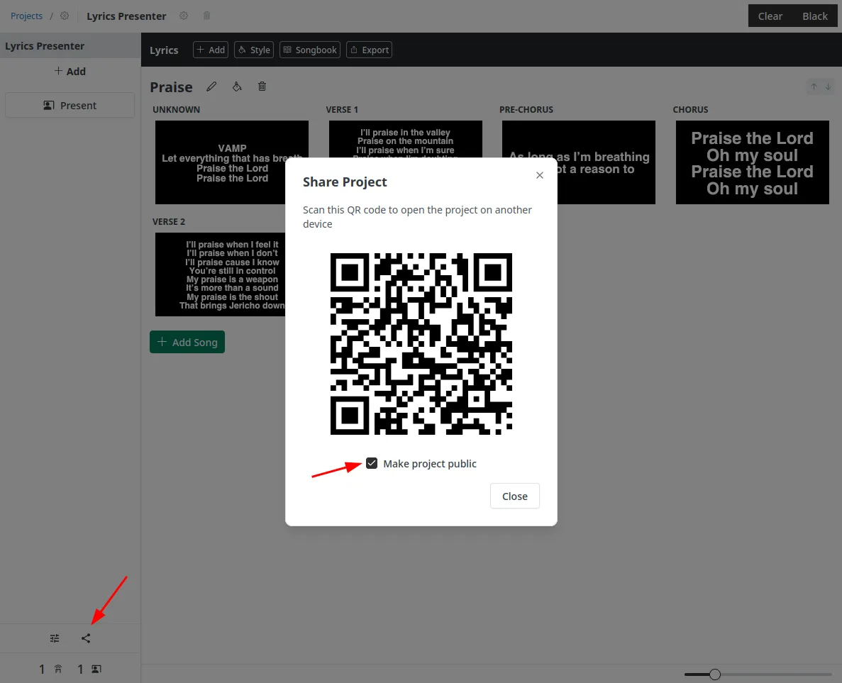 The Share Project window showing a QR code to open the project on another device, with the Make project public checkbox ticked
