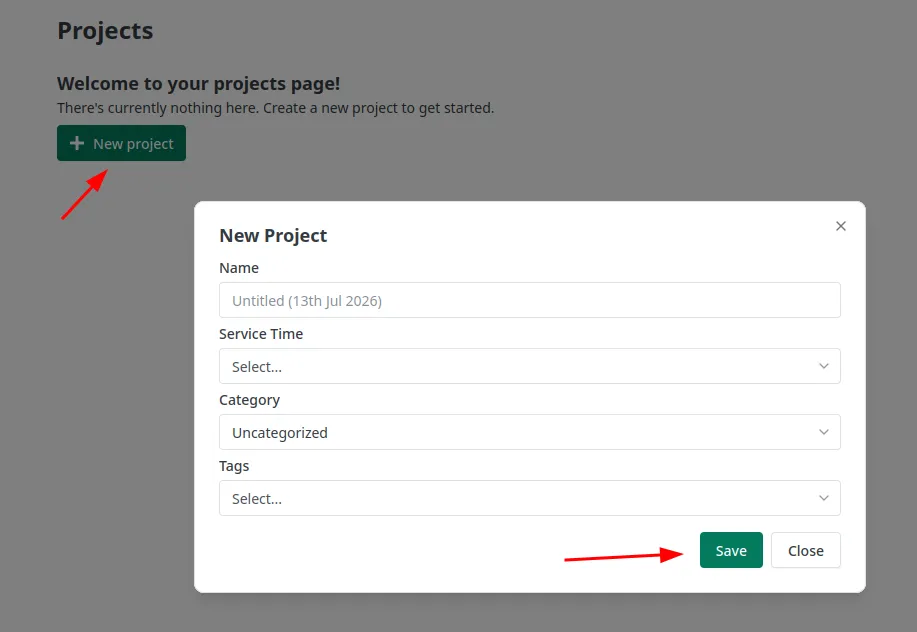 The Projects page with the New Project dialog open, showing Name, Service Time, Category and Tags fields and a Save button