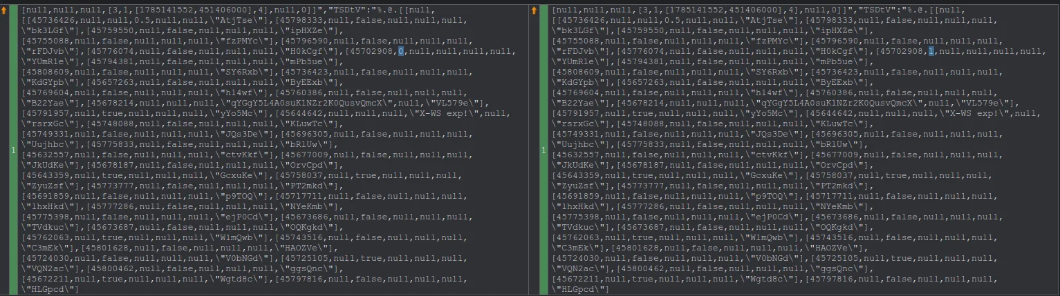 Two obfuscated data blobs side by side in a diff viewer, with a single changed value highlighted