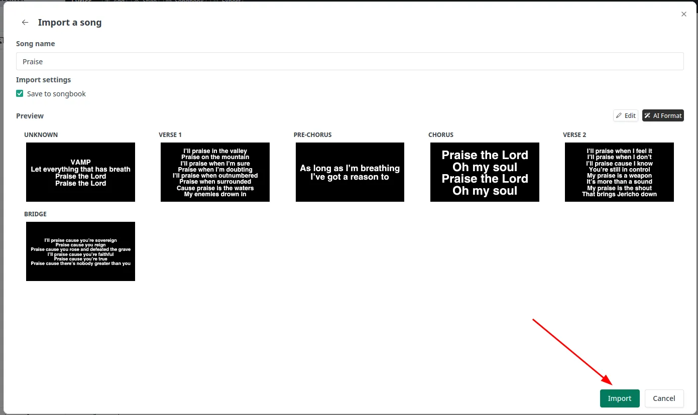 The Add song window showing an imported song with lyric slides, a Save to songbook checkbox, an AI Format button and an Import button