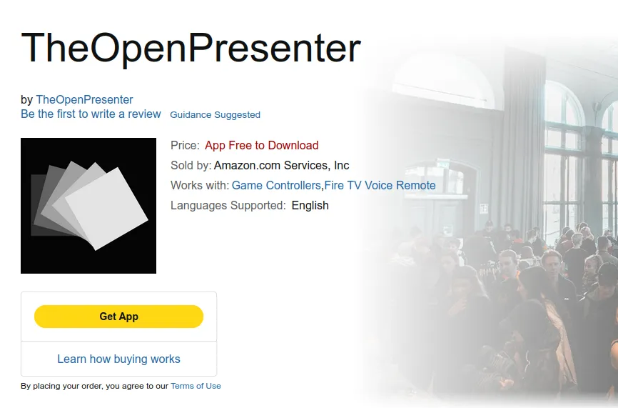 The TheOpenPresenter app listing on the Amazon Appstore, showing it is free to download with a Get App button