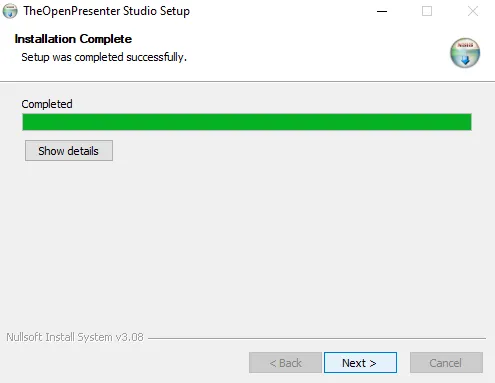 The installer's Installation Complete screen with a green progress bar