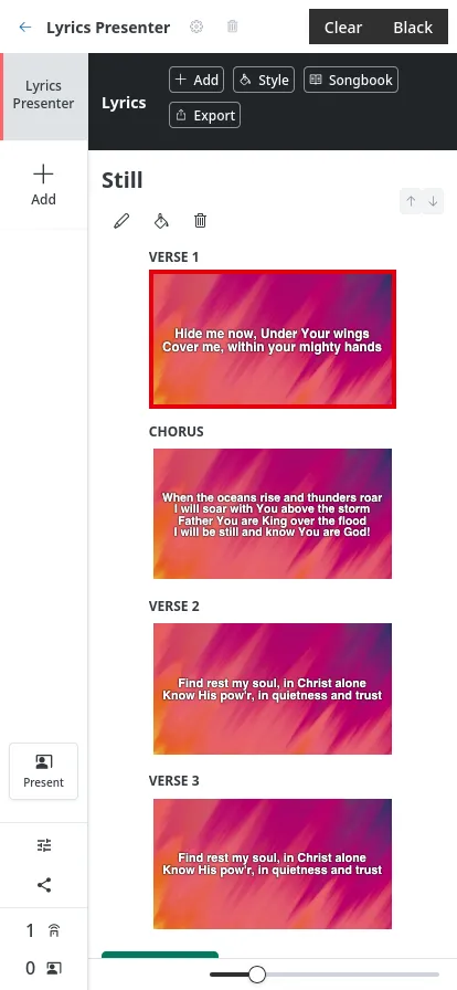 The Lyrics Presenter open on a phone, showing song sections stacked in a narrow mobile layout with the current slide highlighted
