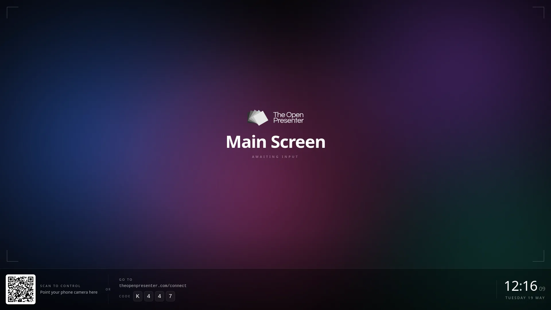 The idle TV screen titled Main Screen, Awaiting input, with a Scan to control QR code, the URL theopenpresenter.com/connect, and a short code
